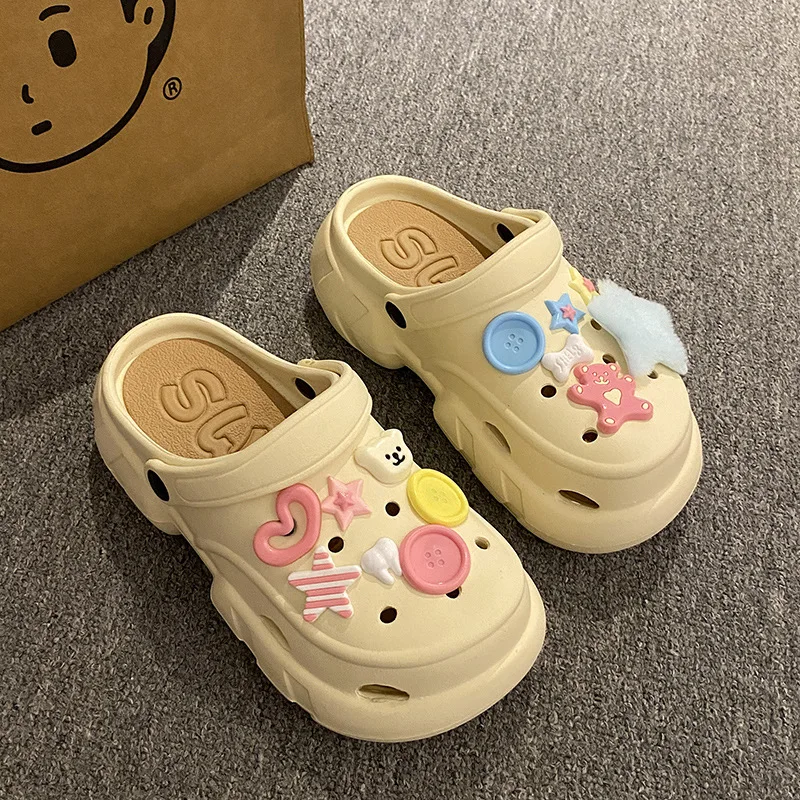 2024 New Sandals DIY Cute Cartoon Clogs Women Mules 3cm Platform Beach Slippers Cave Hole Female Garden Shoes For Students Girls