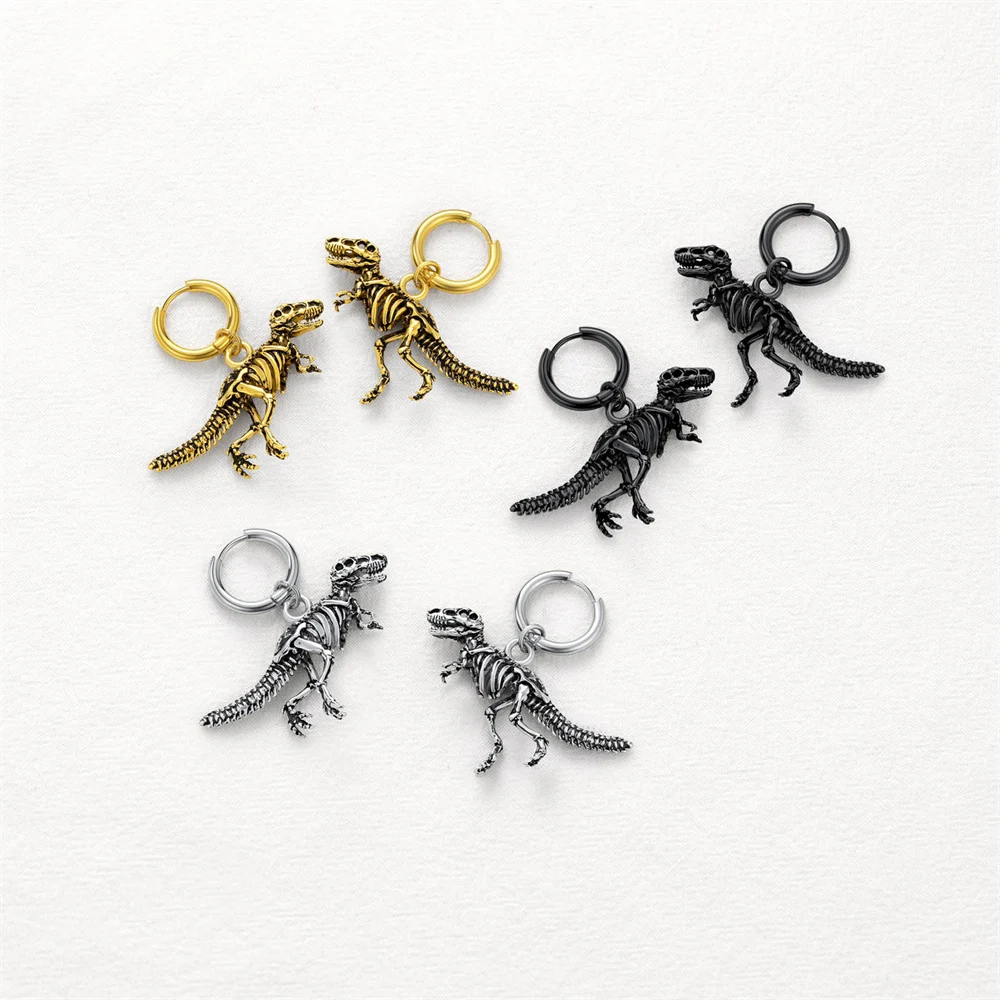 U7 Stainless Steel Dinosaur Dangle Earring 18K Gold Black Color Punk Tyrannosaurus Rex Skeleton Bone Rock Unisex Man Earrings