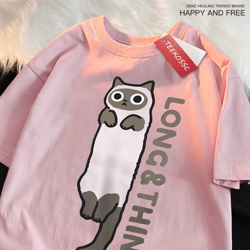 Fun Slender Gray Cat Print Japanese Style Clothes Man Casual Loose Tshirts O-Neck Summer T-Shirts Simplicity Cotton Short Sleeve