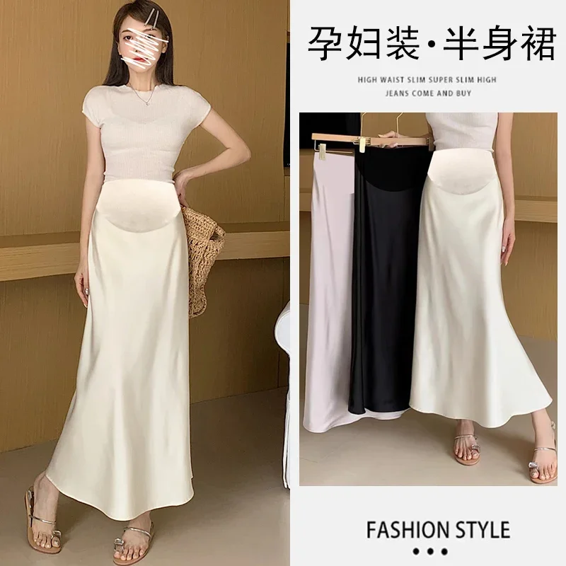 Vintage Silk Feel Smooth Pencil Skirts for Maternity Summer Thin Slim Ruffle A Line Long for Pregnant Women Youth Pregnancy Wear