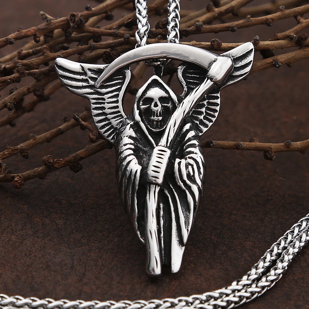 Gotico Grim Reaper Scythe Skull Collana Con Ciondolo Mens Punk In Acciaio Inossidabile Reaper Scythe Biker Collana Regalo Di Gioielli Maschili