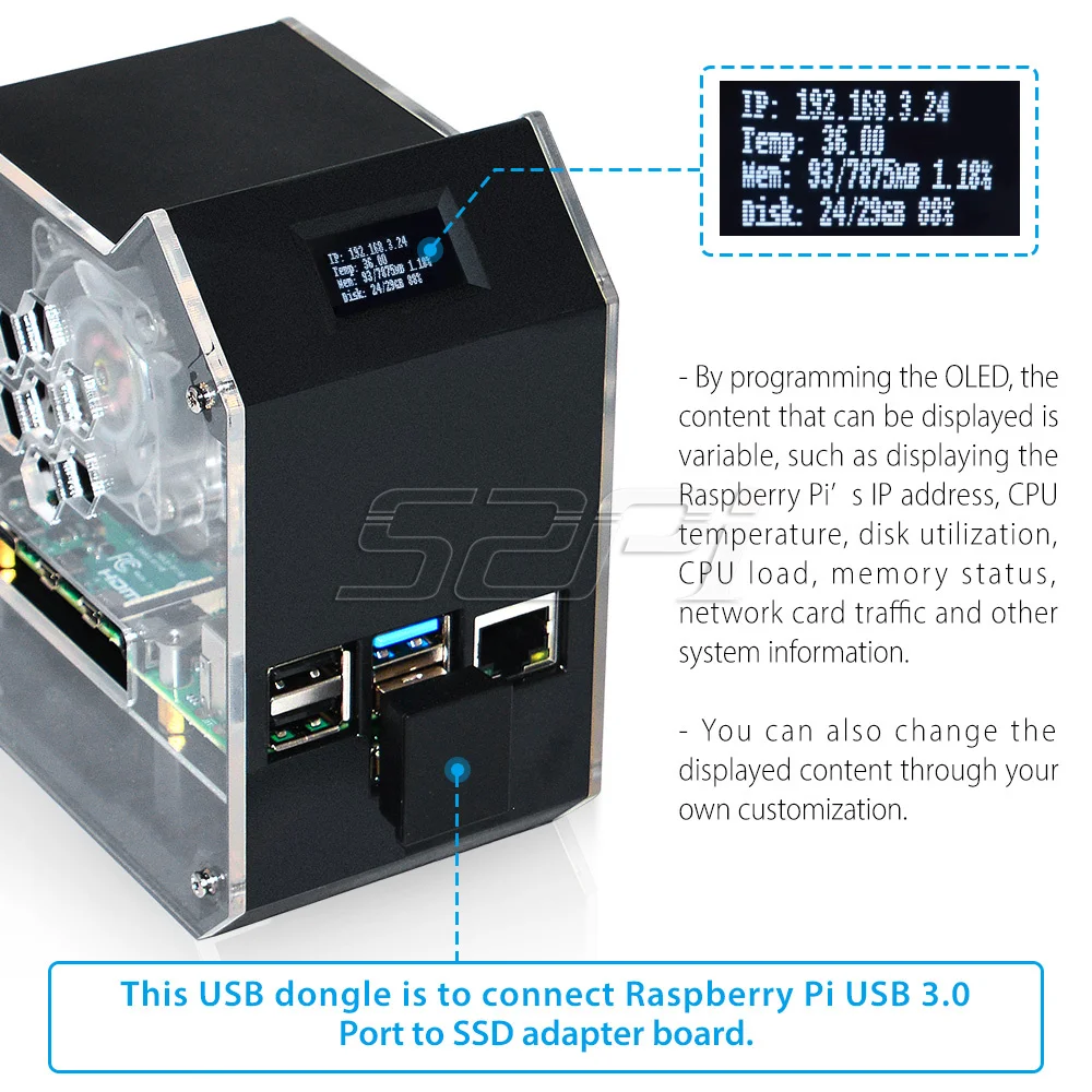 Mini Torre Nas Kit com Torre de Gelo Tela Adaptador de Energia Raspberry pi Modelo b Abs 52pi 096 - Imagem 5