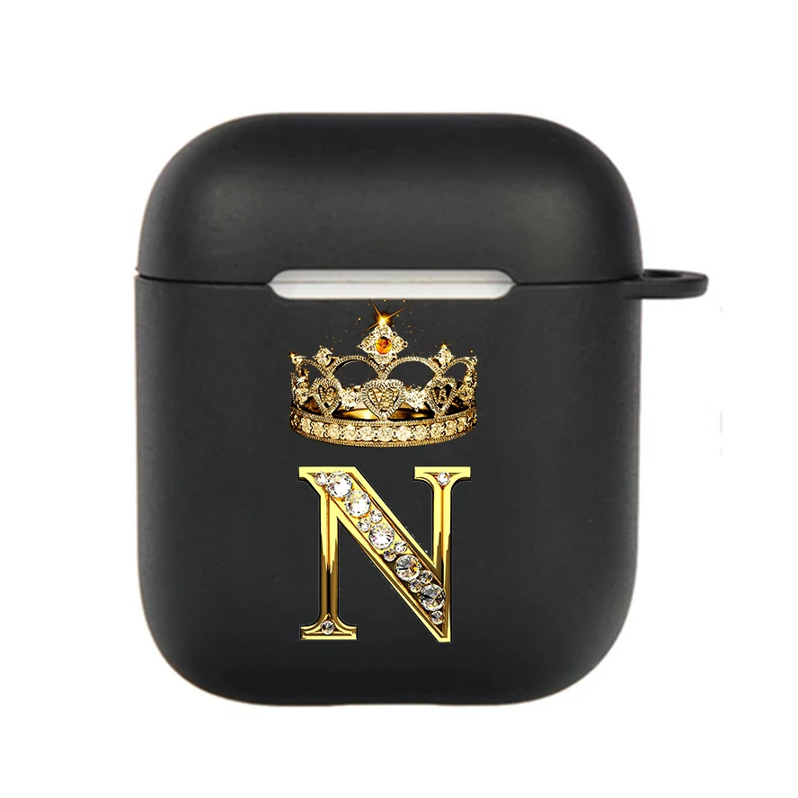 Diamond Crown Letter Hook Case - Black TPU Soft Earphone Cover