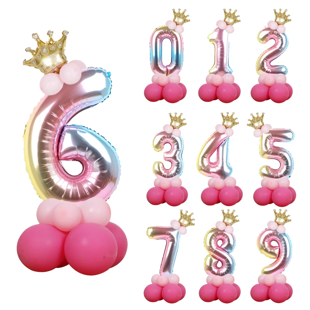 

32inch Gradient Rainbow Number Balloons Princess Gold Crown Baby Shower Party Balloons Happy Birthday Decoration Kids Globos