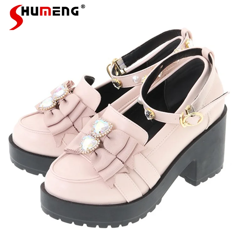 

Lolita Pink Rhinestone Pumps Peach Heart Double Flower Knot Shoes 2023 Fall Sweet Black Shallow Mouth Chunky High Heels Woman