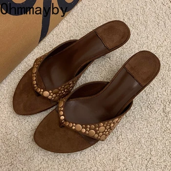Designer Vintage Clip Toe Women Slippers Elegant Low Heels Slide Shoes Fashion Stripper Party Dress Summer Flip Flop Shoes