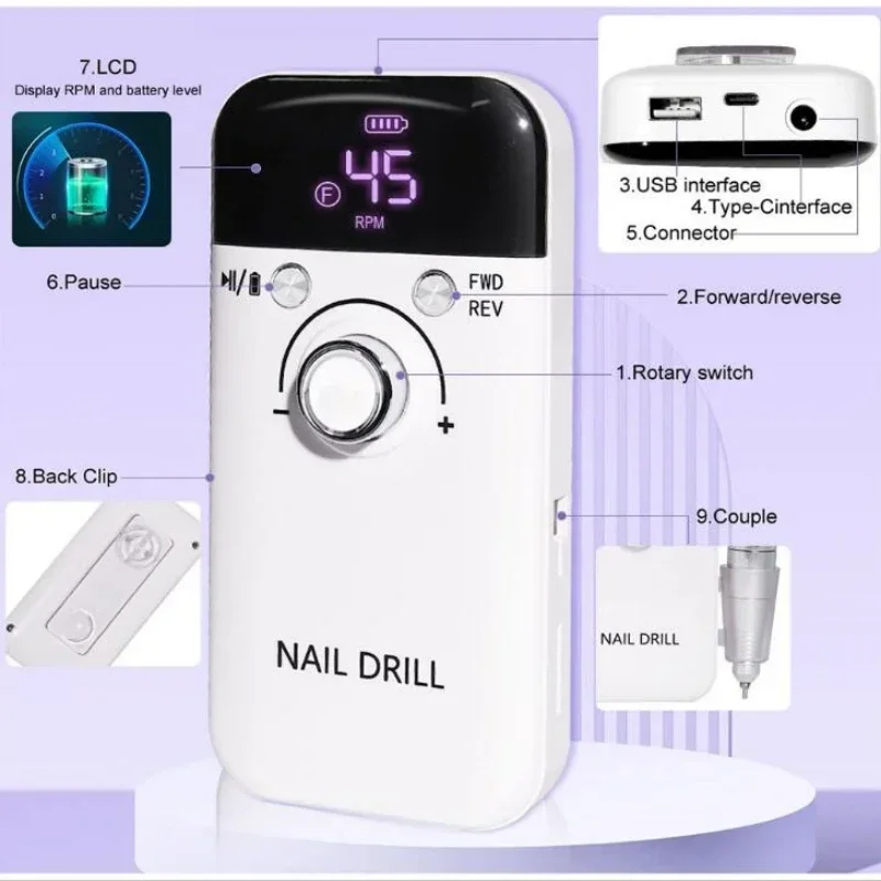 45000RPM Electric Nail Drill Machine Professional Rechargeable Portable File Manicure Tool For Gel Nails Polish