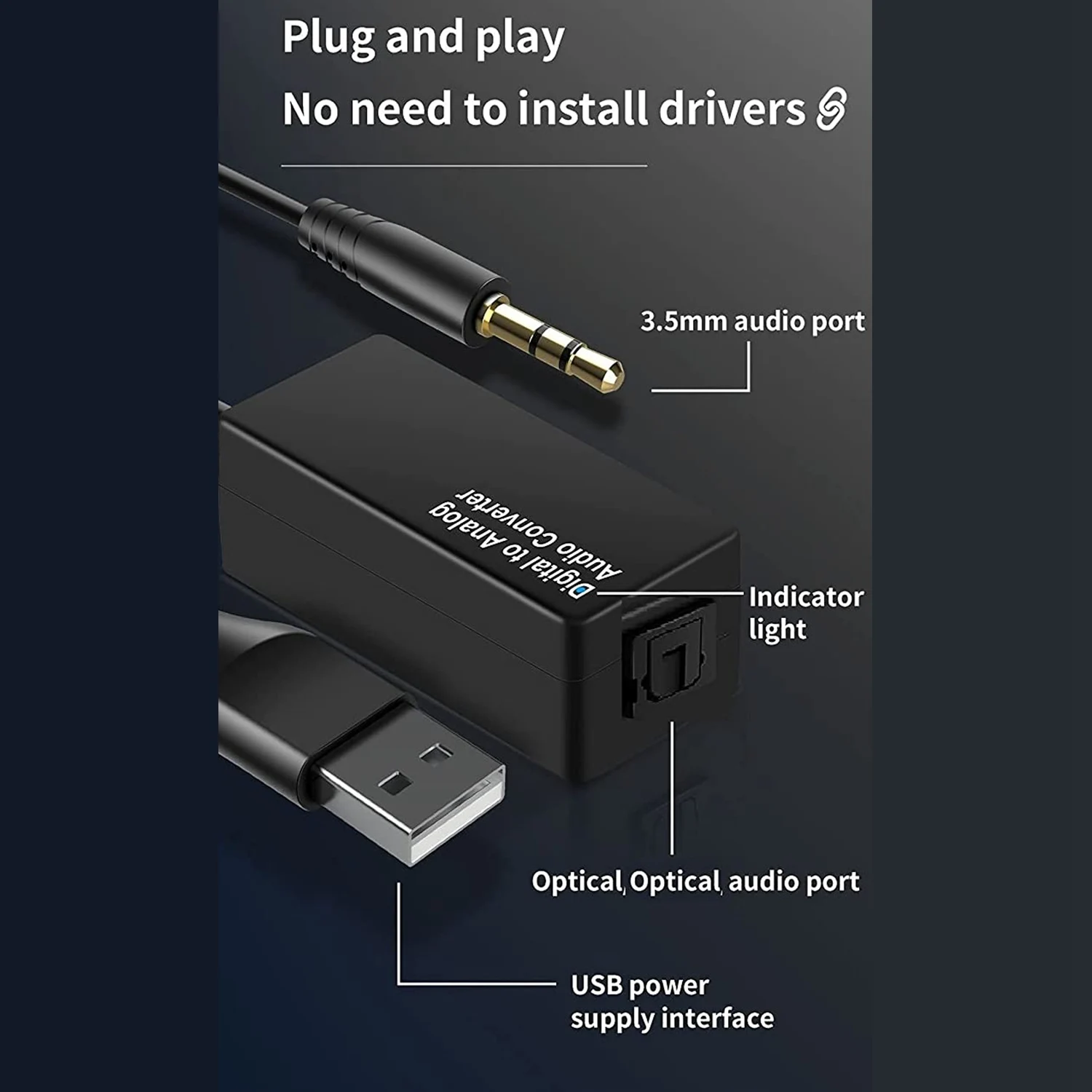세련된 192Khz 디지털-아날로그 오디오 변환기, DAC 디지털 광학 Toslink-아날로그 3.5Mm 잭 오디오 케이블 어댑터