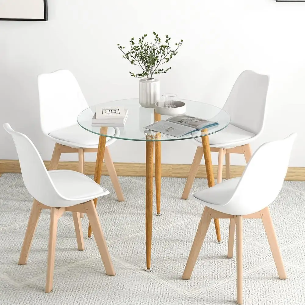 5-Piece Modern Dining Table Set Round Tempered Glass Table 4 High Back Chairs Ergonomic Design Space Saving Easy Assembly Dining 2