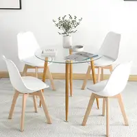 5-Piece Modern Dining Table Set Round Tempered Glass Table 4 High Back Chairs Ergonomic Design Space Saving Easy Assembly Dining 2