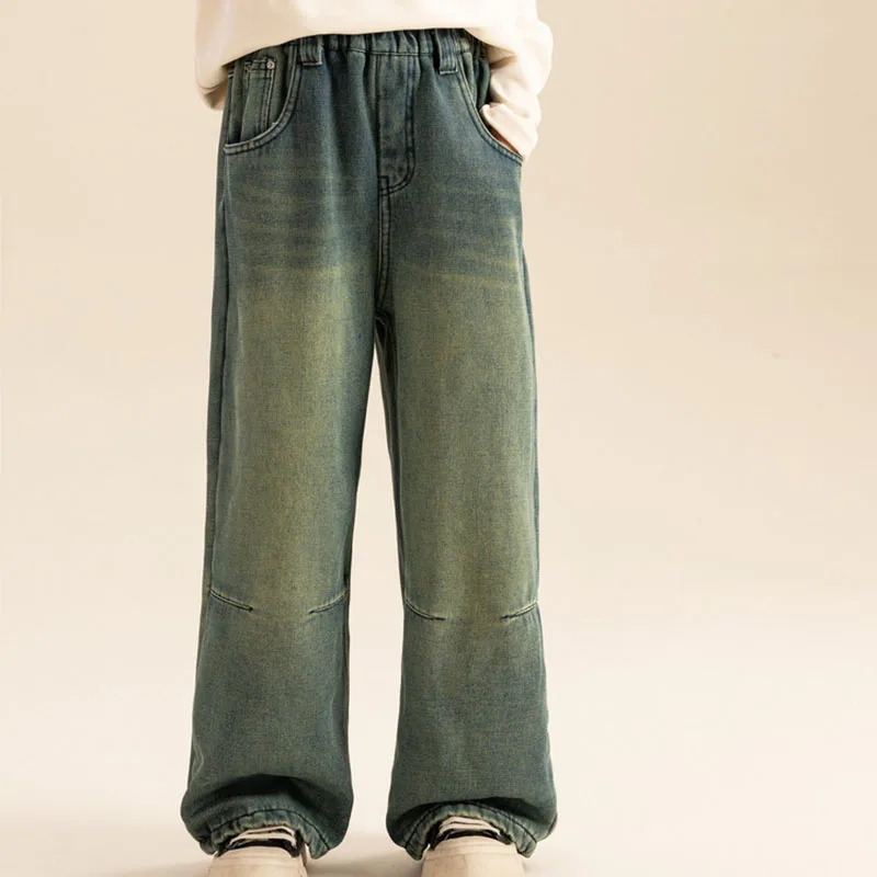 

Girls' Jeans 2023 New Autumn/Winter Plush Thickened Long Pants Children's Straight Tube One piece Plush Pants 7-57