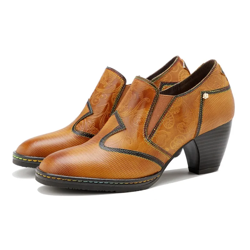 

New Women Pumps Shoes Flower Slip on Genuine Leather 5CM Square Heel Elastic Band Classics Neutral Retro Women Shoes Yellow