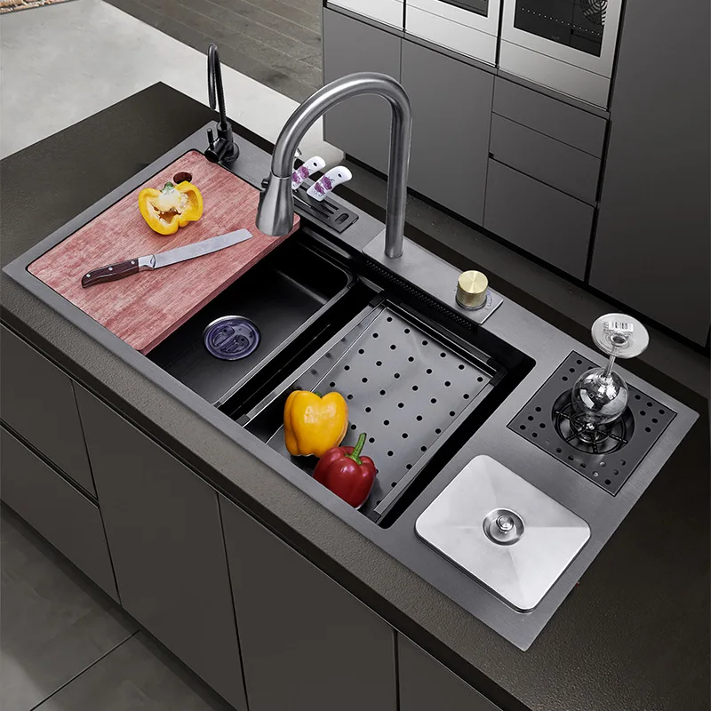 Kitchen Large Single Sink Waterfall Multifunctional Large Spout Pressurised Dishwashing and Vegetable Kitchen Sinks