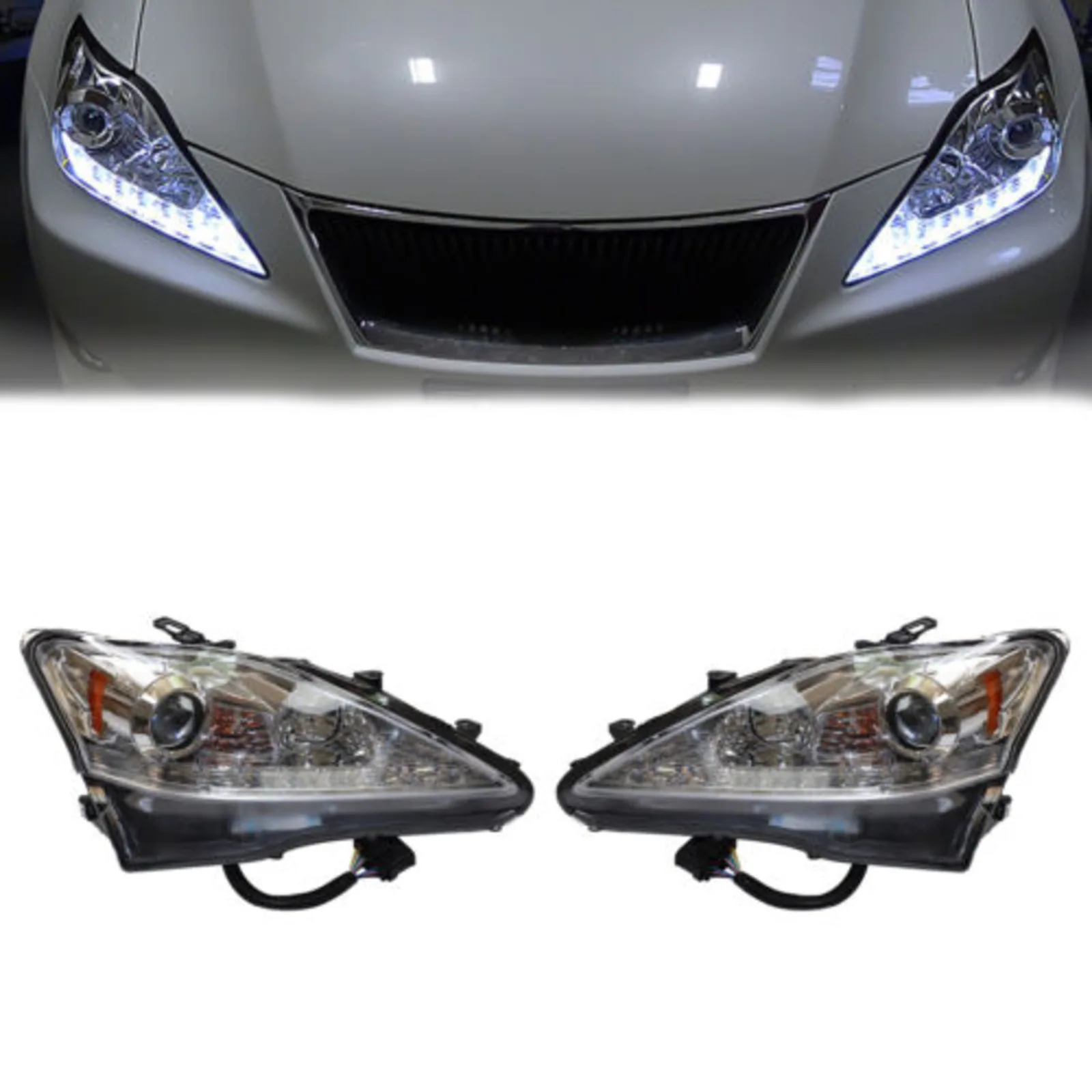 

Pair of Car Headlights Left & Right LED DRL Projector For 2006-2013 Lexus IS250 IS350 Chrome LH & RH Durable Headlights