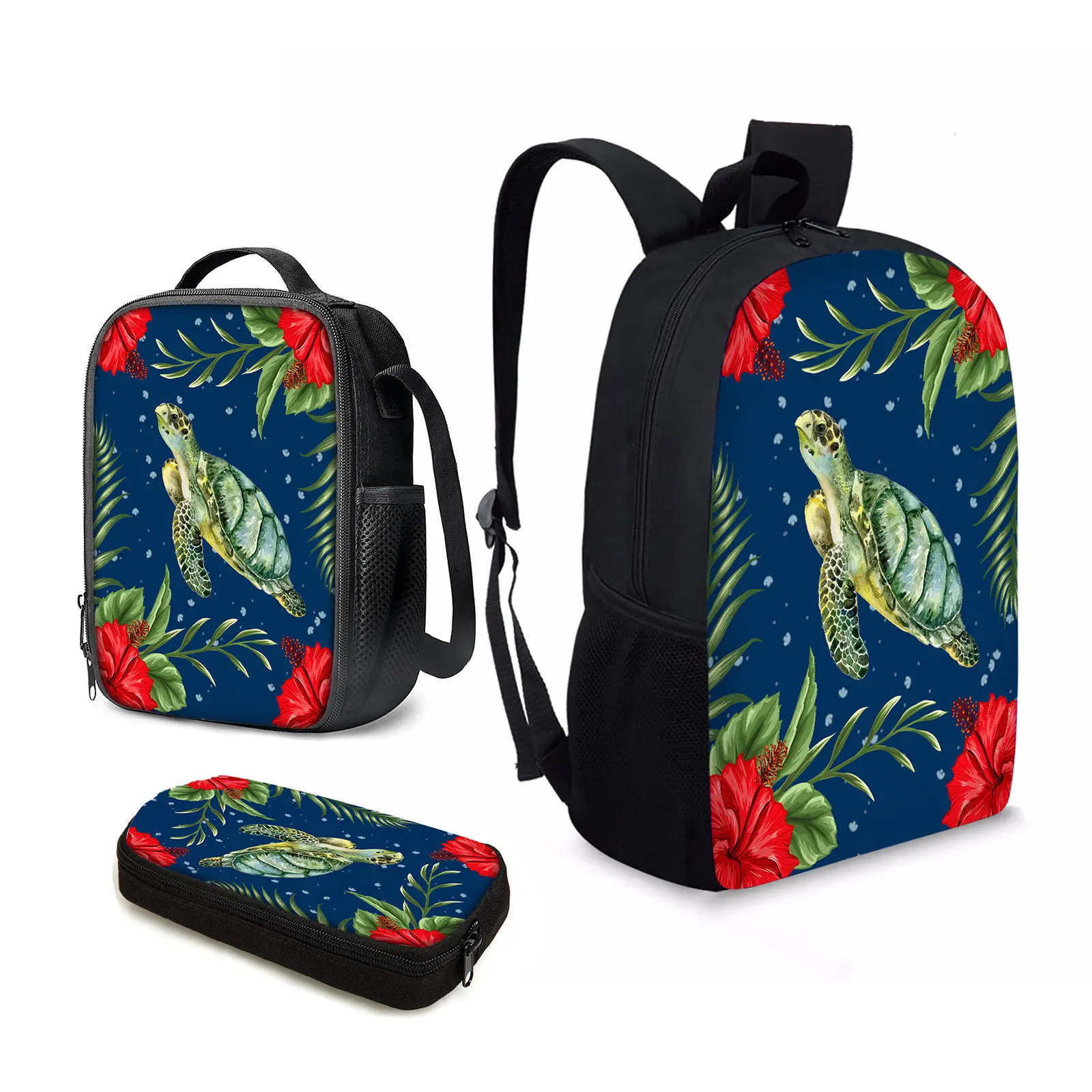 

YIKELUO 3PCS Blue Student Back To School Gift Polynesian Sea Turtle Print Crossbody Bag Hibiscus Print Laptop Lunch Bag Backpack