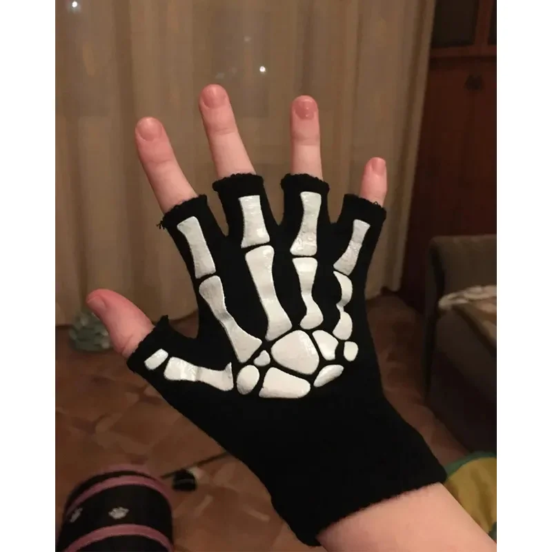 1/3/6pairs Skeleton Cycling Gloves Glow In The Dark Fingerless Cycling Skull Gloves For Kids Halloween Costume Accessory Gloves