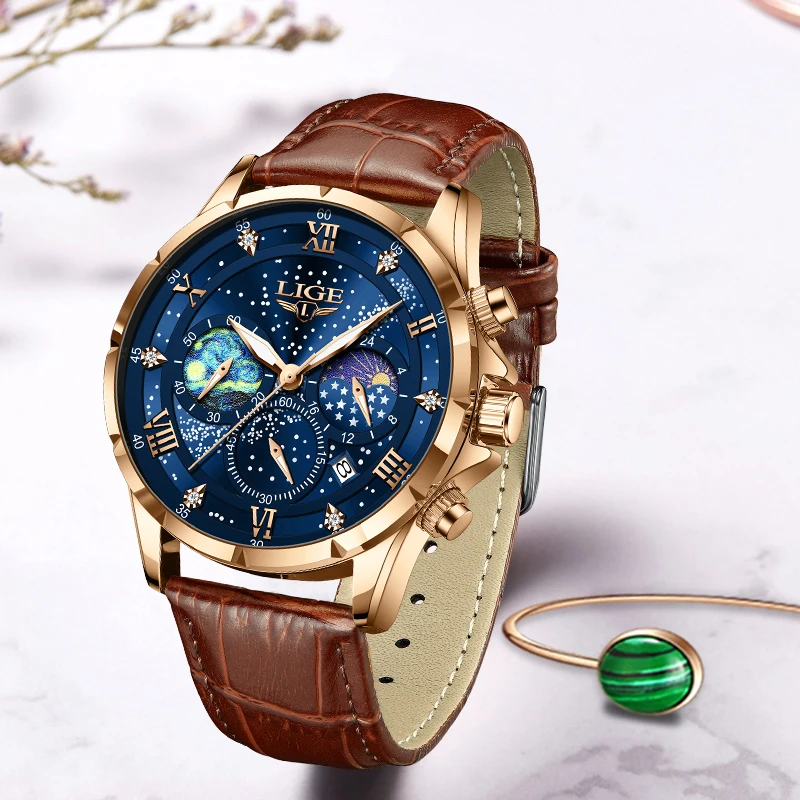 LIGE Women Watches Fashion Luxury Quartz Leather Strap Moon Phase Waterproof Luminous Wristwatch Date Business Casual Lady Clock