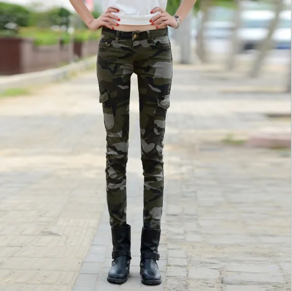 

Military Style Camouflage Denim Cargo Pants Women Slim Camo Jeans Trousers Womens Skinny Jeans with Side Pocket