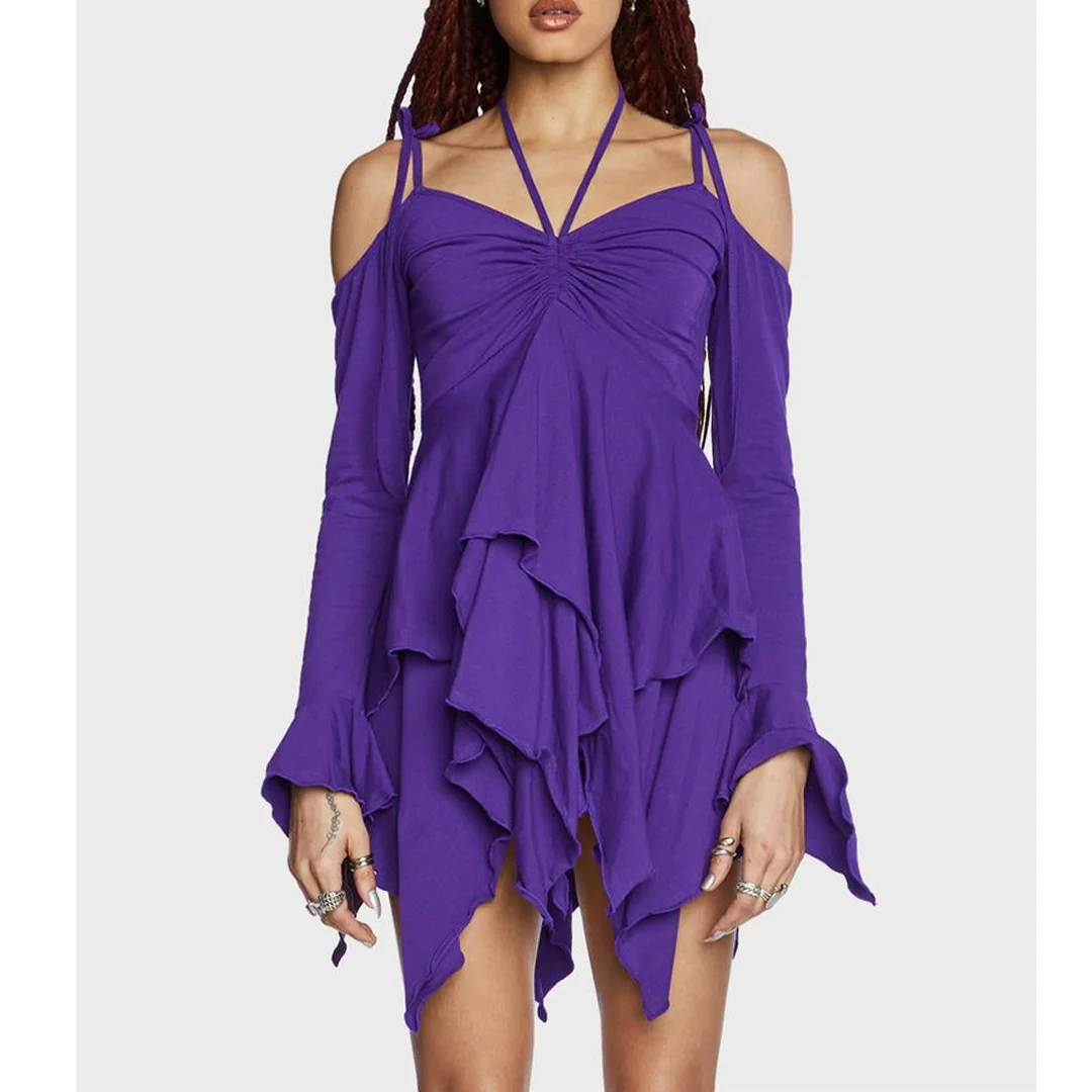

Zoctuo Purple Y2k Party Dresses For Women 2023 Sexy Off Shoulder Ruched Dress Shirring Ruffles Skirt Halloween Costumes Festival