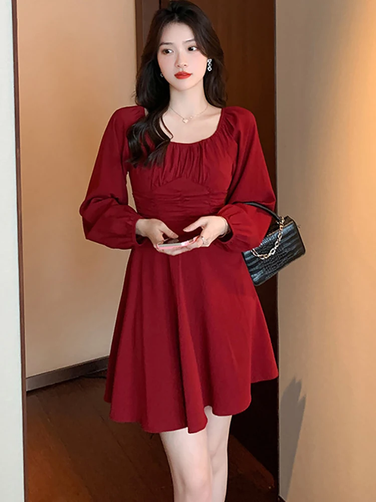 

Spring Black Long Sleeve Pleated Square Collar Short Dress Women Red Luxury New Features of Dress 2023 Korean Vintage Prom Dress
