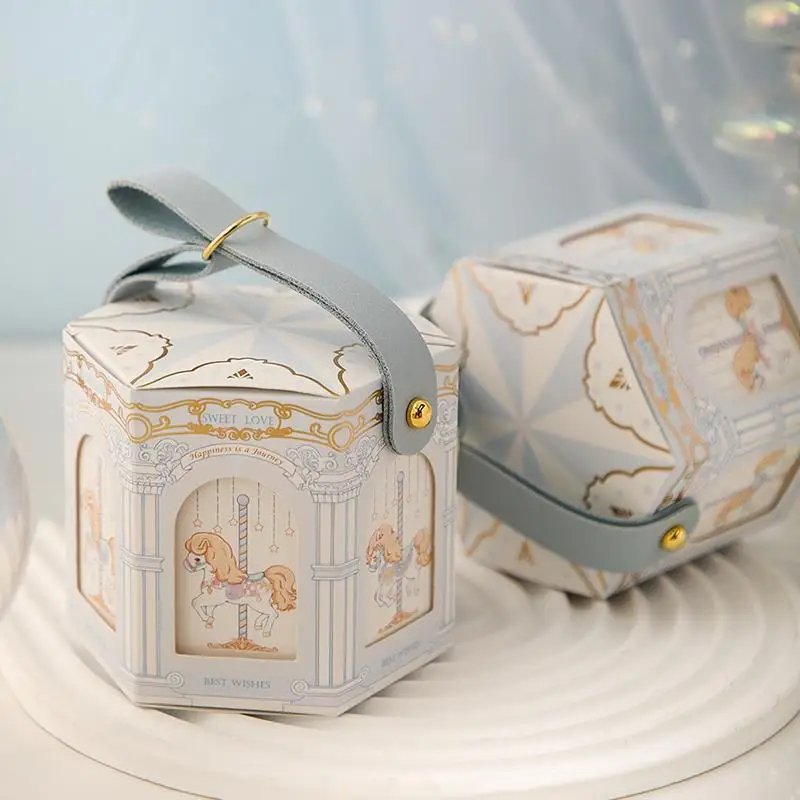 5/10 piezas de cajas de regalo de cartón con forma de carrusel dorado champán, cajas de embalaje para recuerdos de baby shower, suministros de decoración para fiestas de cumpleaños de niños