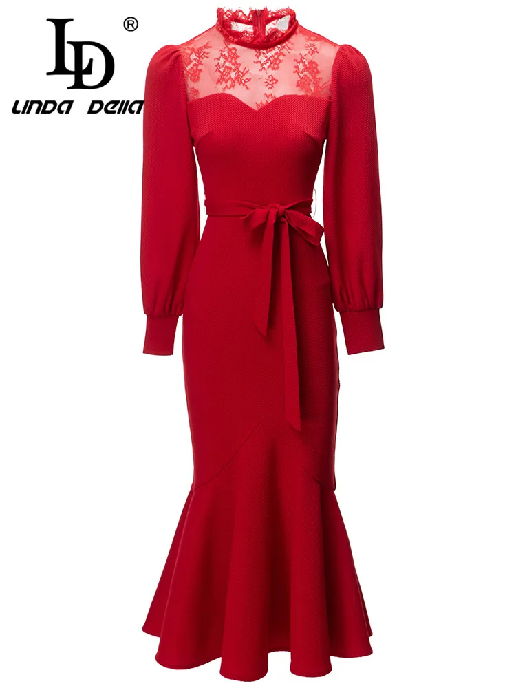 

LD LINDA DELLA Winter New Style Fashion Runway Elegant Party Dress Women's Red Print Belt Splice Slim Fit Fishtail Skirt