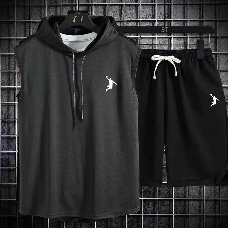 New Summer Mens Muscle Hoodie Vest Sleeveless Bodybuilding Gym Workout Fitness Shirt High Quality Vest Hip Hop Sweatshirt suit sports suit sports vest sports set