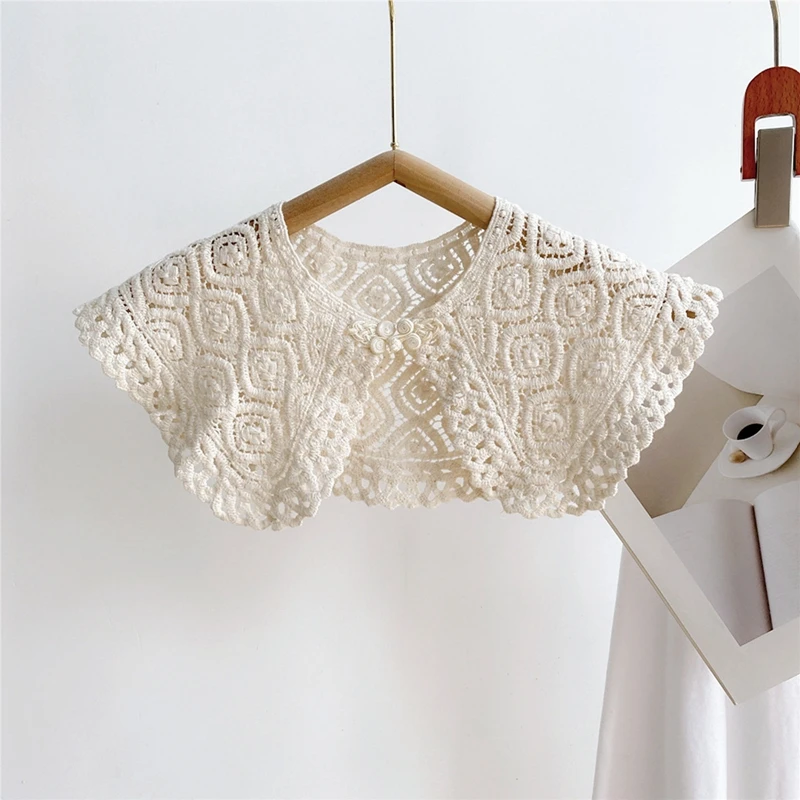 Vintage Women Hollow Lace Crochet Fake Collar Round Neck Knit Shawl Detachable Mesh Scarf Wrap Lolita Girls