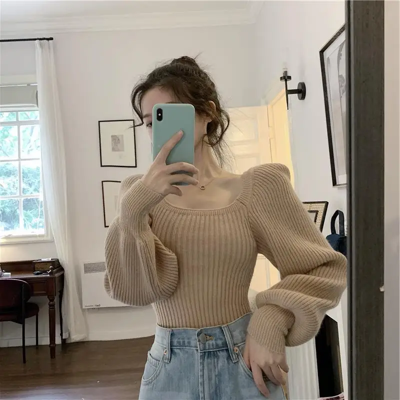

Vintage Khaki Knitted Sweater Woman Kawaii Lantern Sleeve Sweet Korean Fashion Top Female Winter Harajuku Pullover