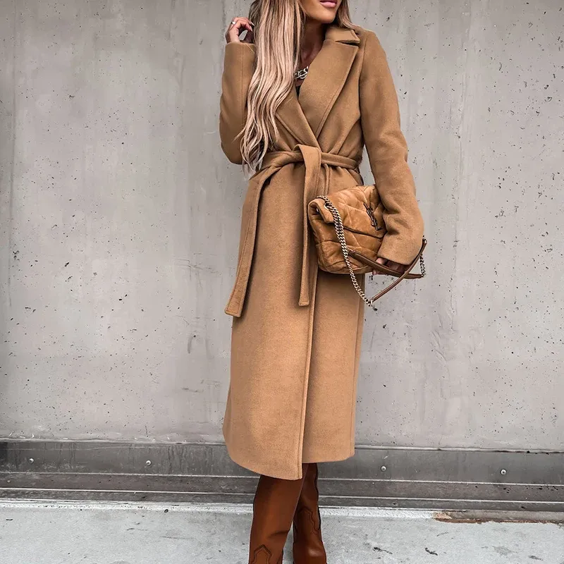 Jocoo Jolee Autumn Winter Warm Long Women Woolen Coat with Belt Casual Elegant Solid Color Female Windbreakers 2023 Overcoat