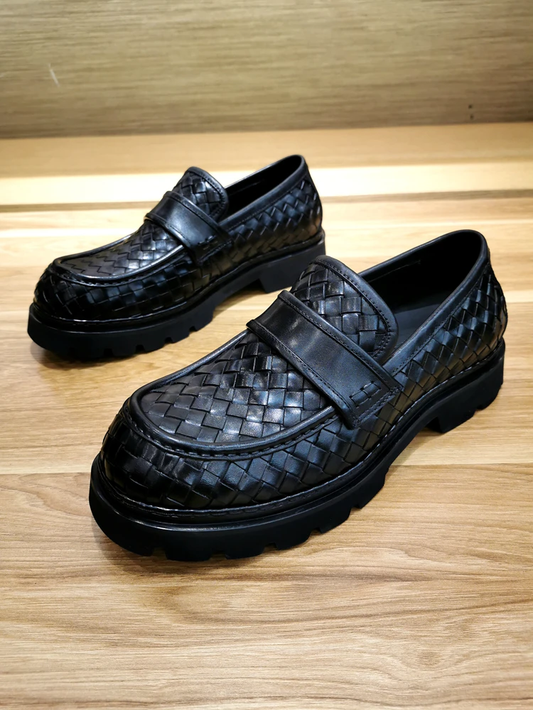 

Туфли мужские кожаные деловые с большим носком, натуральная кожа, мягкие, низкий вырез, толстая подошва, плетеные, для отдыха