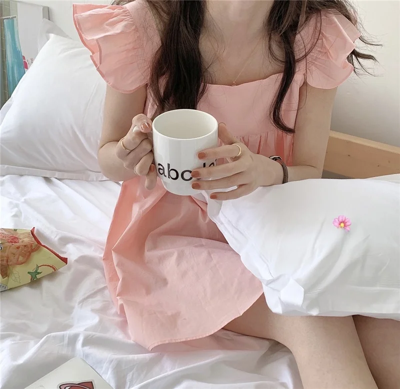 여름 짧은 소매 순수 코튼 잠옷 여성의 귀여운 소녀의 프릴 트림 셔미즈 드레스 얇은 홈 의류 편안한 홈