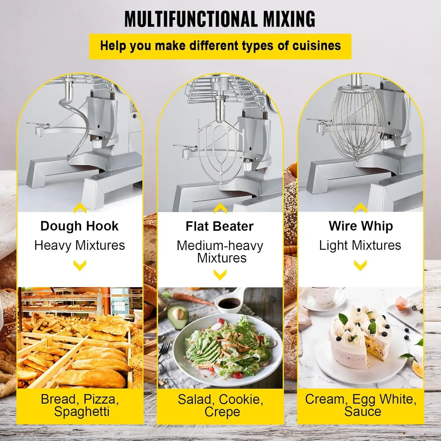 30Qt Commercial Food Mixer with Timing Function， Commercial Mixer 1250W Stainless Steel Bowl Heavy Duty Electric Food Mixer 5
