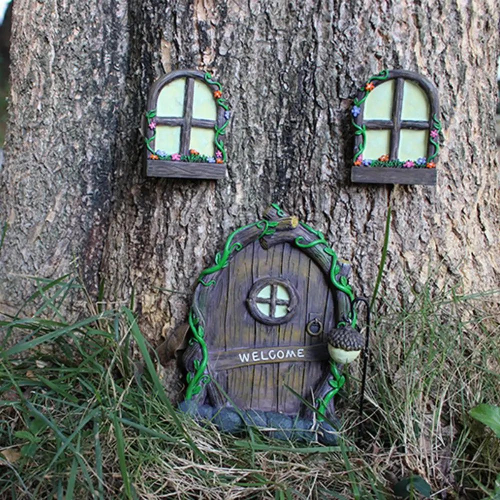 

Miniature Noctilucent Fairy Window Door Statue Cute Resin Craft Fairy House Figurine Glow in The Dark Elf-like Door Statue