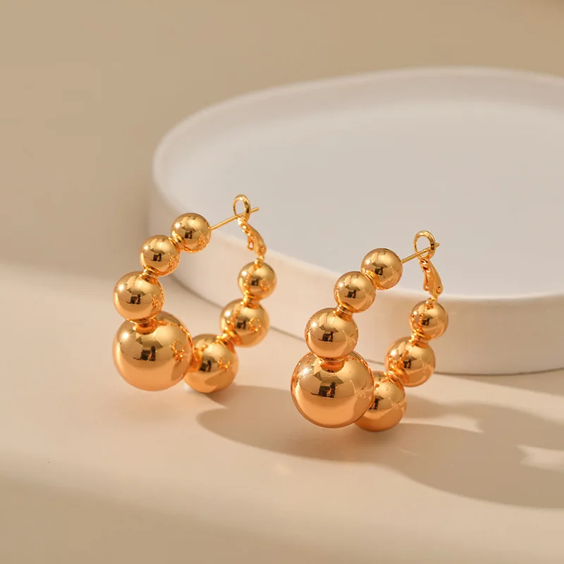 European American Exaggeration Stainless Steel Beads Hoop Earrings PVD Gold Plated Huggie Ear Buckle Punk Jewelry Wedding Gift