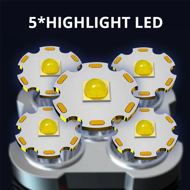 슈퍼 브라이트 충전식 초강력 LED 손전등, 다기능 방수 조명, 5LED 야외 모험 손전등