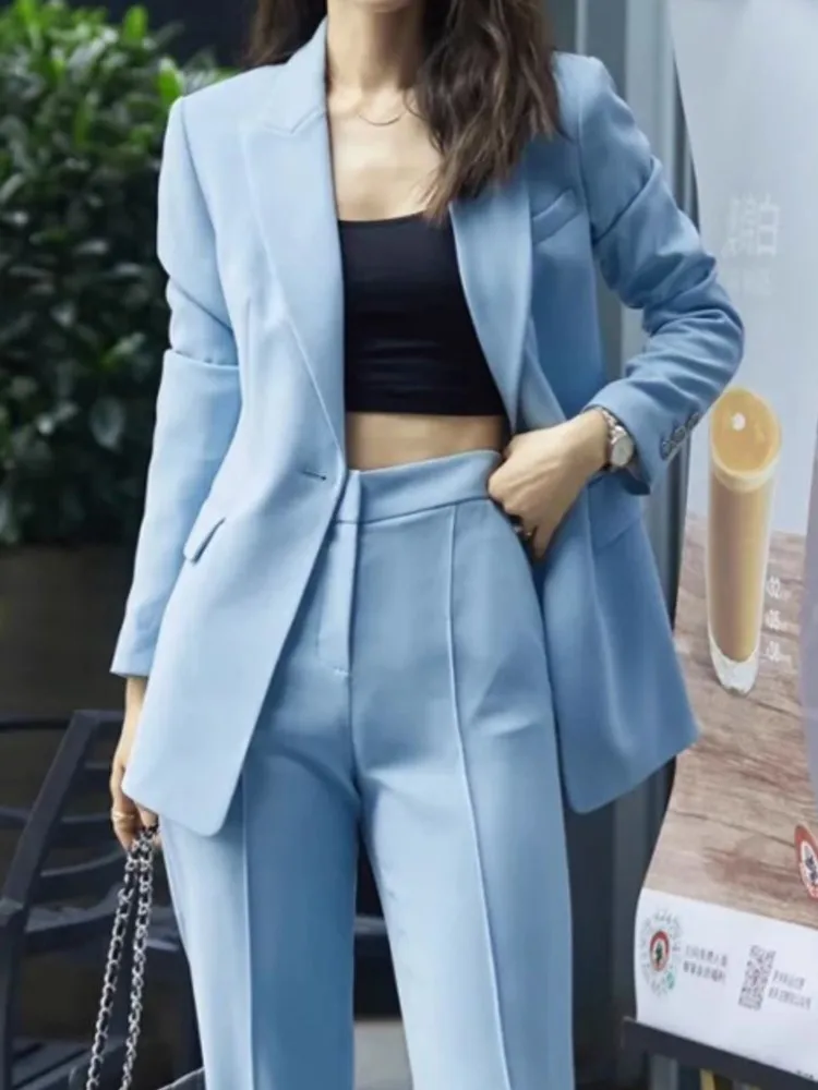 New Women Autumn Pantsuits 2 Pieces Sets Casual Blue Blazers Coats and Trousers Female Elegant Streetwear Solid Formal Clothing