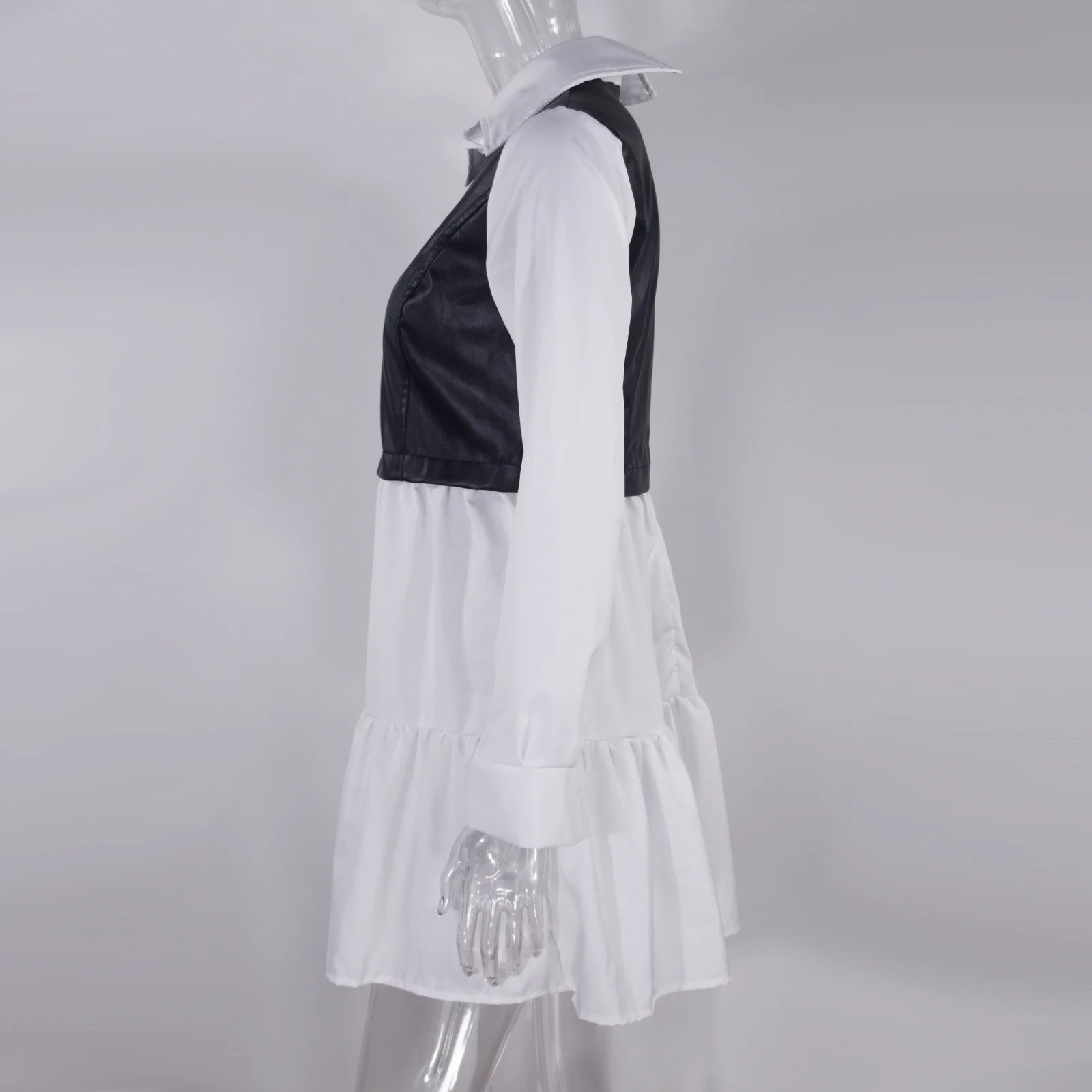 Plaid Shirt Casual Vestidos Long Sleeve White Short Dress For Women Summer PU Leather Patchwork Sweet Office Ladies Mini Dresses