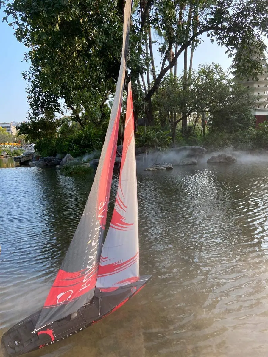 Deux voiliers RC adultes en compétition sur l'eau, l'un dépassant l'autre.