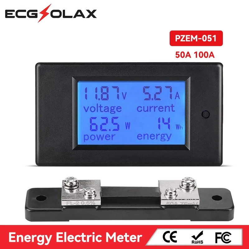 ECGSOLAX 4 in 1 DC Digital Ammeter Voltmeter 6-100V Meter LCD Motorcycle Voltage Current Power Energy Monitor 50A 100A PZEM-051