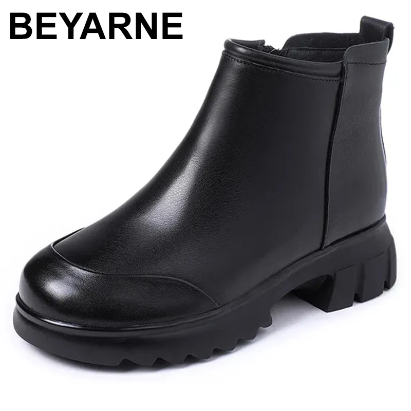 

Snow Boots Women Genuine Leather Round Toe Shearling Wool Fur Platform Winter Ladies Ankle Boots Shoes Handmade