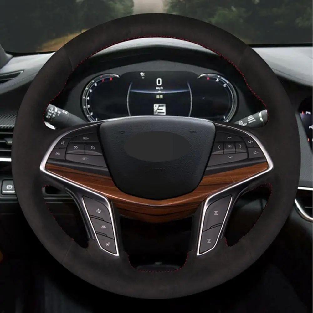 

For Cadillac CT6 2015-2019 XT5 2015-2018 DIY Hand-stitched Black Suede Car Steering Wheel Cover Interior Accessories