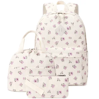 2026 New High Quality Corduroy 3-Piece Backpack Set for Girls Lightweight floral Printed Primary School Student School Bags 1