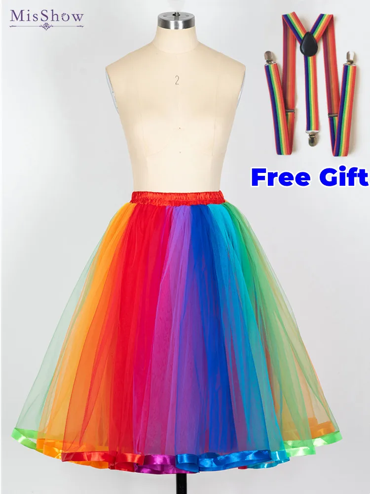 Women's Tulle Tutu Skirt 2023 Fashion Color Block Elastic Ballet Dance  Skirts Casual Layered Rainbow Skirts