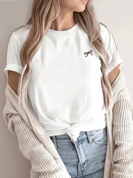 Casual Butterfly Top with Bow Print Short Sleeve T-Shirt Short Sleeve T Shirt Clothing Women's T-Shirt Clothing Top Tee 1