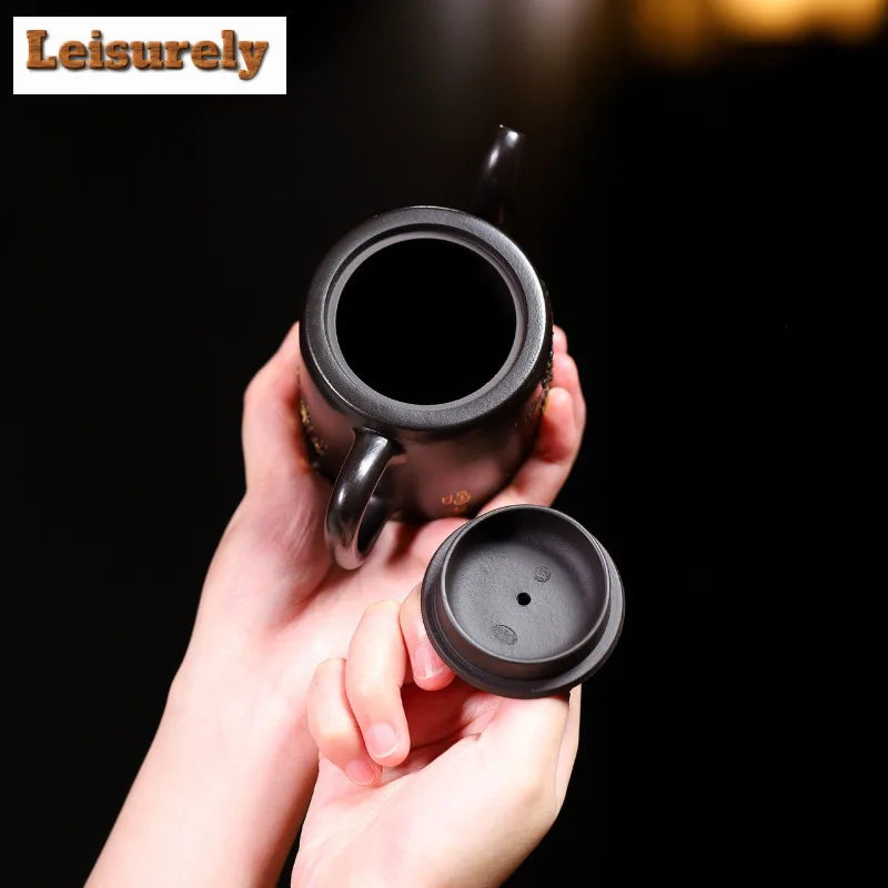 180ml Yixing Purple Clay Teapots Handmade Gold Drawing Dual Ring Pot Raw Ore Dahongpao Reducing Roasting Mud Kettle Zisha Teaset