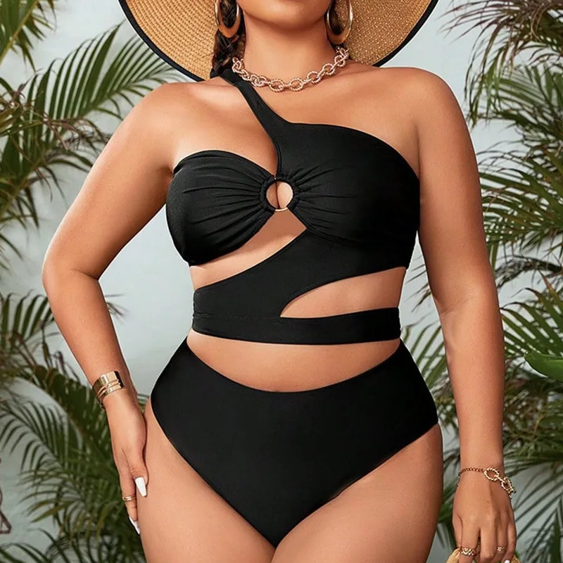 2024 Plus Size Swimwear One Shoulder Cut Out Black Sexy Women's Swimsuit Curvy Female Bikini Sets