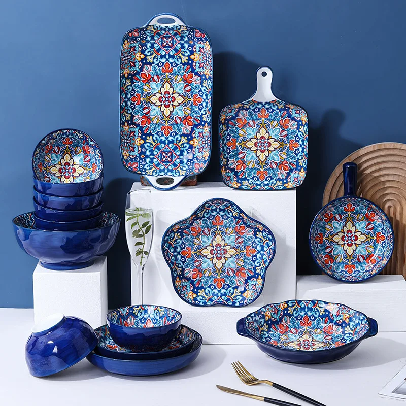 Baroque dish set Creative ceramic tableware Rice rice bowl soup noodles large bowl Household handle Fish plate dish