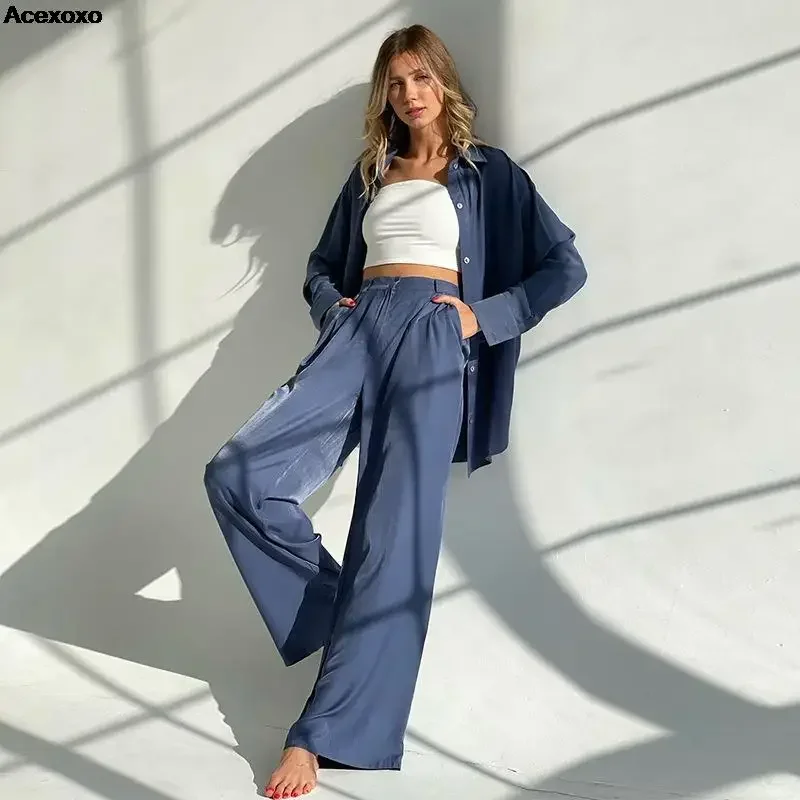 

2023 autumn new women's wear is to achieve a casual broad leg simple loose long-sleeved shirt temperament two-piece set