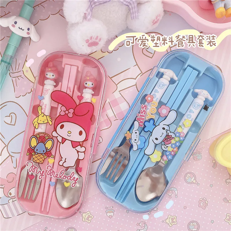 

Sanrio Plush Mymelody Cinnamoroll Stainless Steel Portable Cutlery Chopsticks Spoon Fork Set Kawaii Anime Toy Girl Birthday Gift